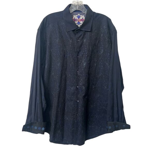 Robert Graham Shirt Mens XL Navy Floral Polka Dot Embroidered Extra Large - Picture 1 of 8